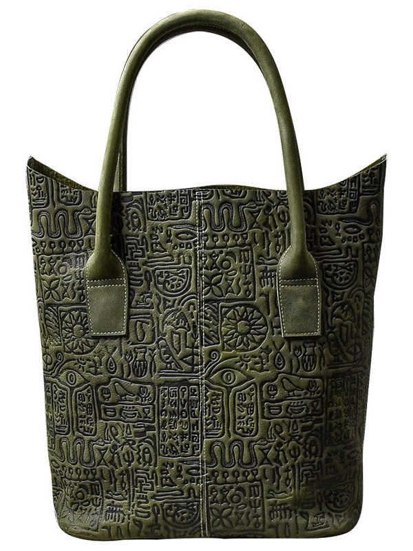 Women Blackish Green Oracle-Bone Inscriptions Embossing Calf Leather Satchel Handbag