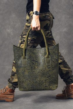 Women Blackish Green Oracle-Bone Inscriptions Embossing Calf Leather Satchel Handbag