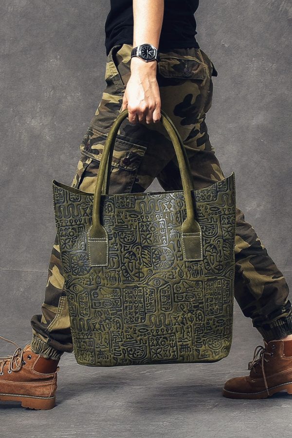 Women Blackish Green Oracle-Bone Inscriptions Embossing Calf Leather Satchel Handbag