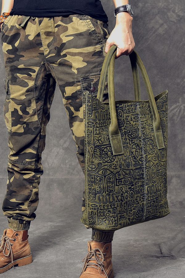 Women Blackish Green Oracle-Bone Inscriptions Embossing Calf Leather Satchel Handbag