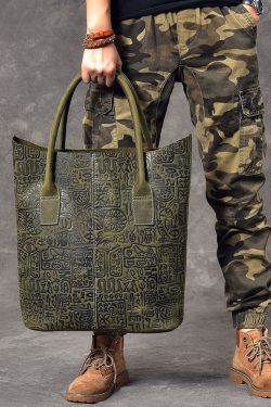 Women Blackish Green Oracle-Bone Inscriptions Embossing Calf Leather Satchel Handbag