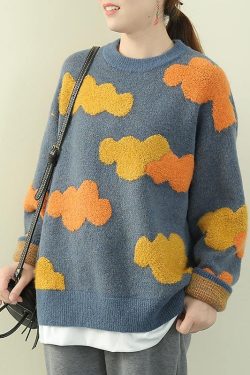 Women blue Cloud Knit Sweaters o neck false two pieces knitted pullover