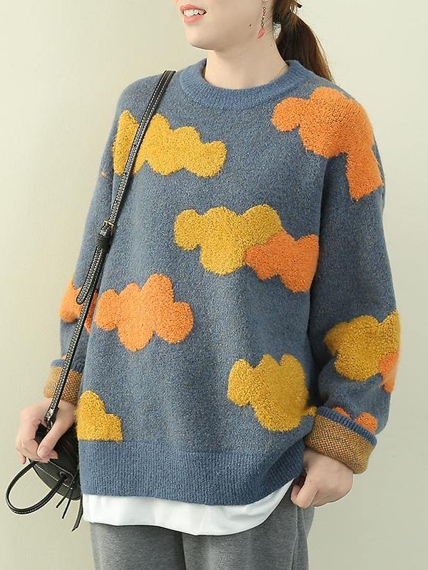 Women blue Cloud Knit Sweaters o neck false two pieces knitted pullover