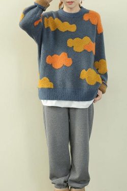 Women blue Cloud Knit Sweaters o neck false two pieces knitted pullover