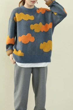Women blue Cloud Knit Sweaters o neck false two pieces knitted pullover