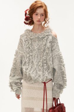 Women Blue Cold Shoulder Tassel Thick Cotton Knit Sweaters Winter