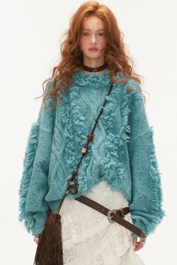 Women Blue Cold Shoulder Tassel Thick Cotton Knit Sweaters Winter