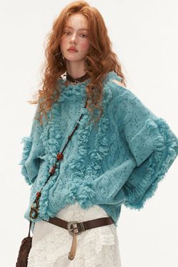 Women Blue Cold Shoulder Tassel Thick Cotton Knit Sweaters Winter