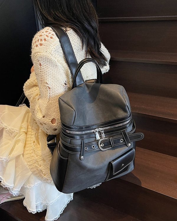 Women Blue Faux Leather Patchwork Backpack Bag