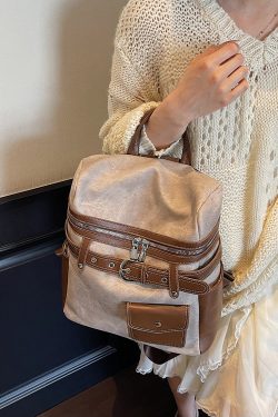 Women Blue Faux Leather Patchwork Backpack Bag