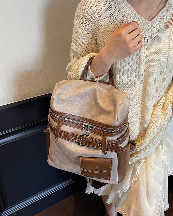 Women Blue Faux Leather Patchwork Backpack Bag