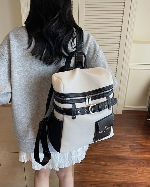 Women Blue Faux Leather Patchwork Backpack Bag