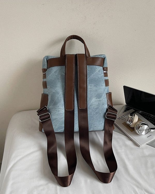 Women Blue Faux Leather Patchwork Backpack Bag