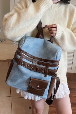 Women Blue Faux Leather Patchwork Backpack Bag
