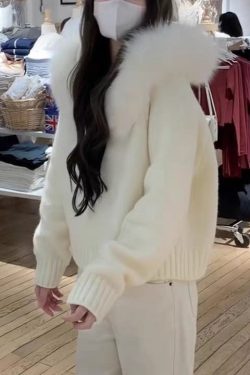 Women Blue Fur Collar Zippered Solid Knit Coats Winter