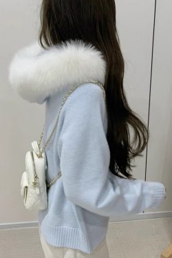 Women Blue Fur Collar Zippered Solid Knit Coats Winter