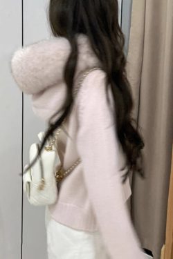 Women Blue Fur Collar Zippered Solid Knit Coats Winter