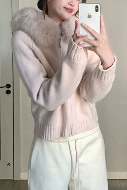 Women Blue Fur Collar Zippered Solid Knit Coats Winter