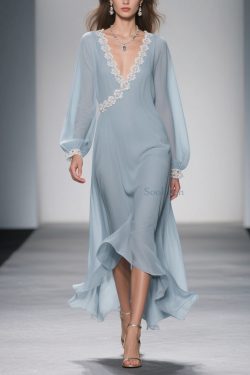 Women Blue Lace Solid Chiffon Long Dress Spring