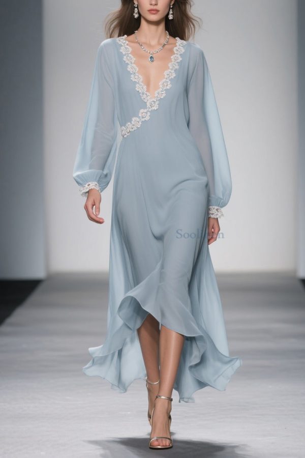 Women Blue Lace Solid Chiffon Long Dress Spring