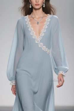 Women Blue Lace Solid Chiffon Long Dress Spring