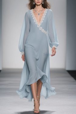 Women Blue Lace Solid Chiffon Long Dress Spring