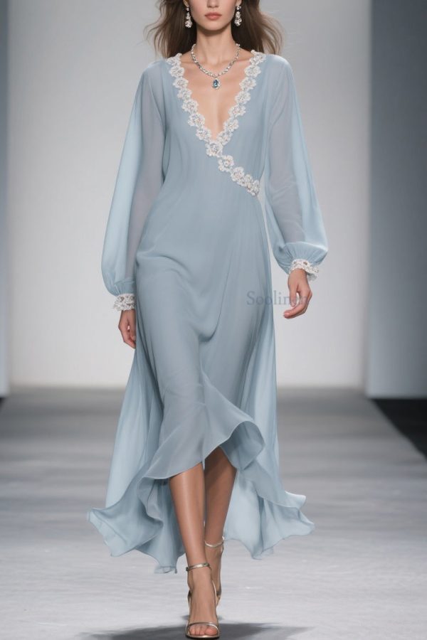 Women Blue Lace Solid Chiffon Long Dress Spring