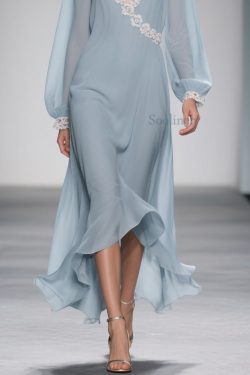 Women Blue Lace Solid Chiffon Long Dress Spring