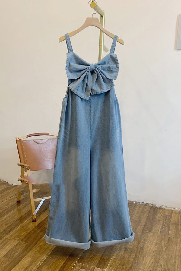 Women Blue Patchwork Bow Denim Jumpsuits Summer