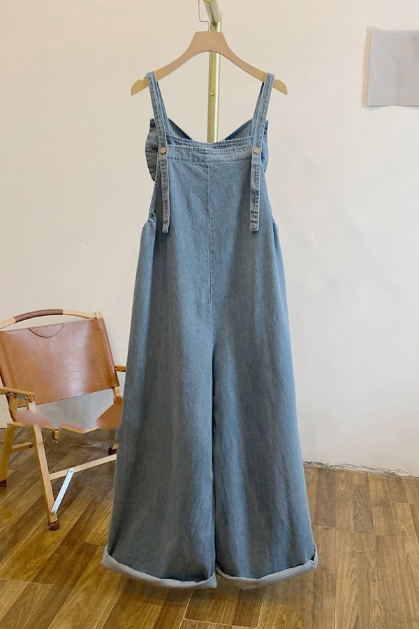 Women Blue Patchwork Bow Denim Jumpsuits Summer