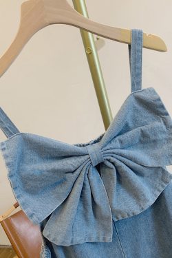 Women Blue Patchwork Bow Denim Jumpsuits Summer