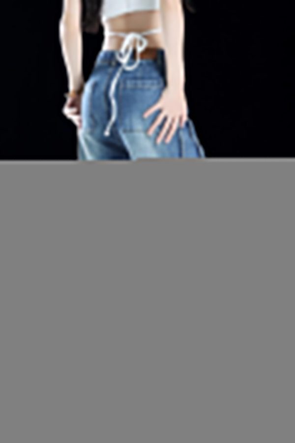 Women Blue Pockets Patchwork Denim Crop Pants Summer