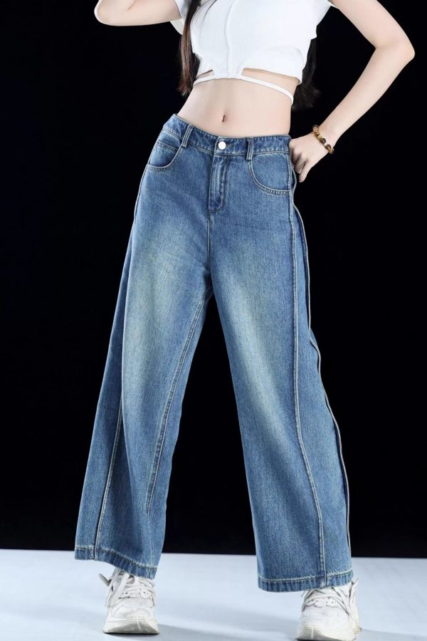 Women Blue Pockets Patchwork Denim Crop Pants Summer