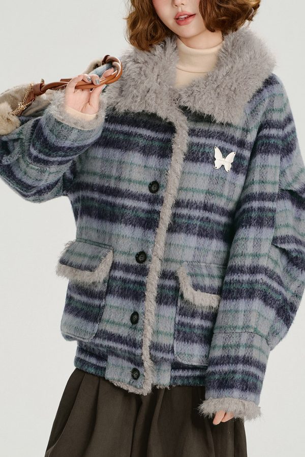 Women Blue Pockets Plaid Warm Fleece Coat Outwear Winter