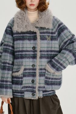 Women Blue Pockets Plaid Warm Fleece Coat Outwear Winter