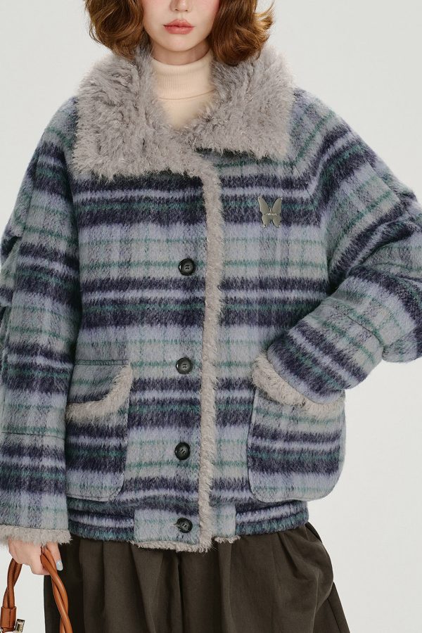 Women Blue Pockets Plaid Warm Fleece Coat Outwear Winter