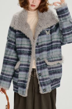 Women Blue Pockets Plaid Warm Fleece Coat Outwear Winter