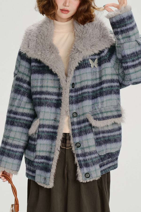 Women Blue Pockets Plaid Warm Fleece Coat Outwear Winter