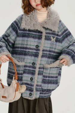 Women Blue Pockets Plaid Warm Fleece Coat Outwear Winter