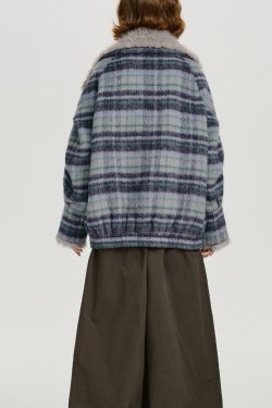 Women Blue Pockets Plaid Warm Fleece Coat Outwear Winter