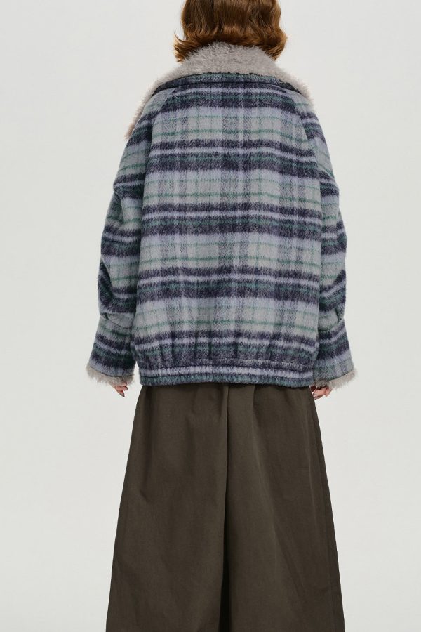 Women Blue Pockets Plaid Warm Fleece Coat Outwear Winter