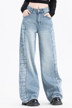 Women Blue Pockets Print Patchwork Denim Pants Spring