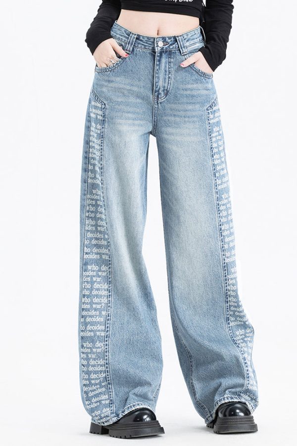 Women Blue Pockets Print Patchwork Denim Pants Spring