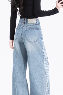 Women Blue Pockets Print Patchwork Denim Pants Spring