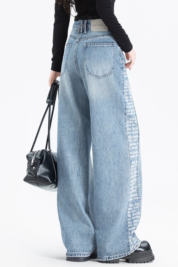 Women Blue Pockets Print Patchwork Denim Pants Spring