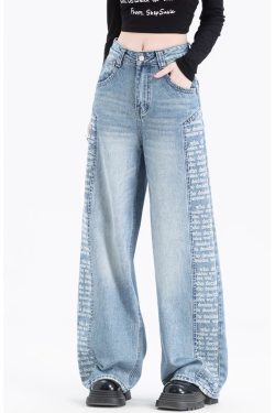 Women Blue Pockets Print Patchwork Denim Pants Spring