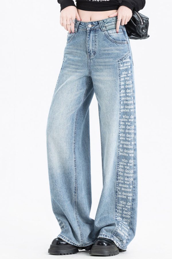 Women Blue Pockets Print Patchwork Denim Pants Spring