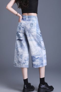 Women Blue Pockets Tie Dye Denim Crop Pants Summer