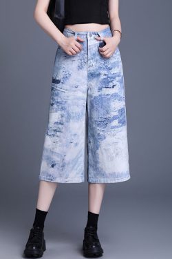 Women Blue Pockets Tie Dye Denim Crop Pants Summer