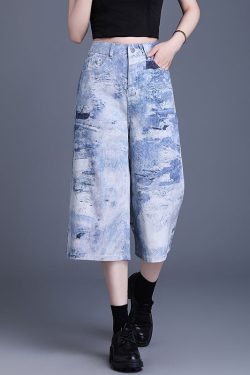 Women Blue Pockets Tie Dye Denim Crop Pants Summer
